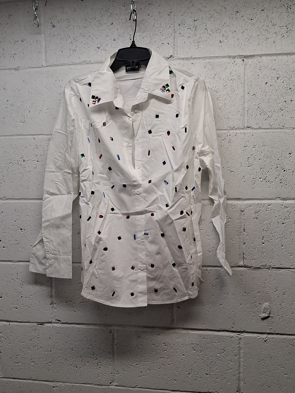 NWT White Long-Sleeve Button-Up Shirt with Multicolor Geometric Jewel Accents